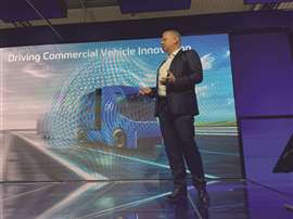 Peter Laier, member of the ZF board of management, discusses the OE’s new hybrid truck transmission at an IAA Transportation Show press conference in Hanover, Germany. (Photo: Jack Roberts)