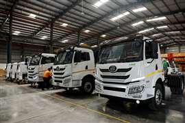 Blue Energy 5528 liquefied natural gas (LNG) trucks are parked at the manufacturing facility in Pune, India, October 11, 2024.