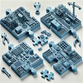 Three blue jigsaw puzzle pieces with industrial and construction-themed details, taken directly from a futuristic construction scene.