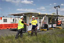 Photo of a Kennards Hire hybrid power system, the HPS45, prodyuced by Makinex. It comprises a 45kVA genet, 60kWh battery, and 8kWp solar panels. (Photo: Kennards Hire)